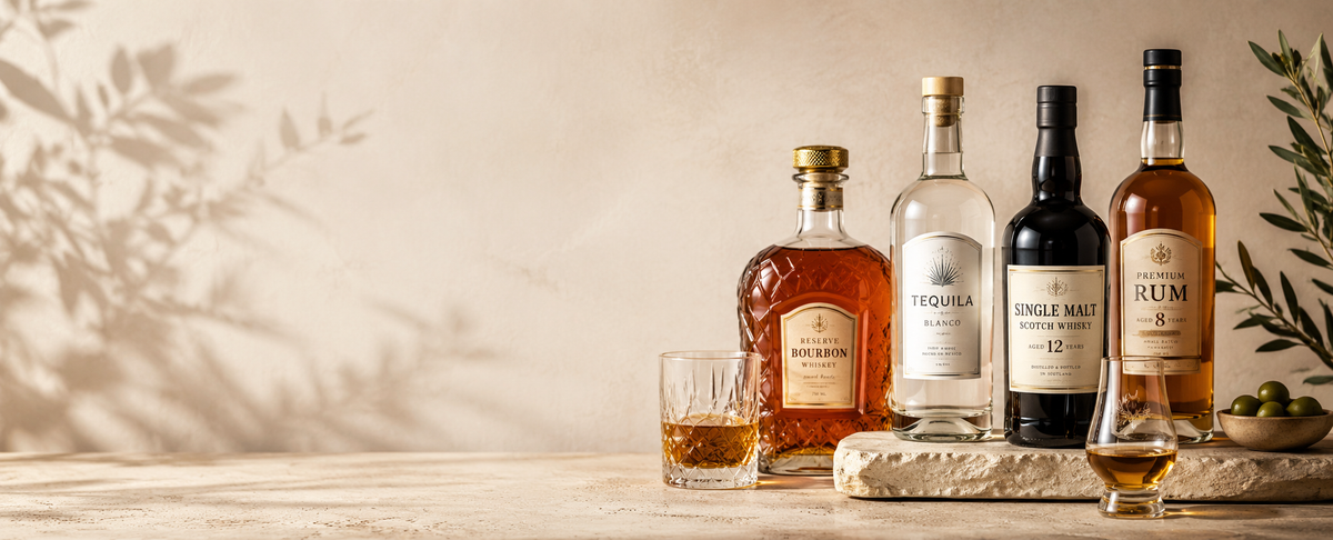 Bottles of bourbon, blanco tequila, single malt Scotch whisky and aged rum on a stone slab beside a glass of whiskey