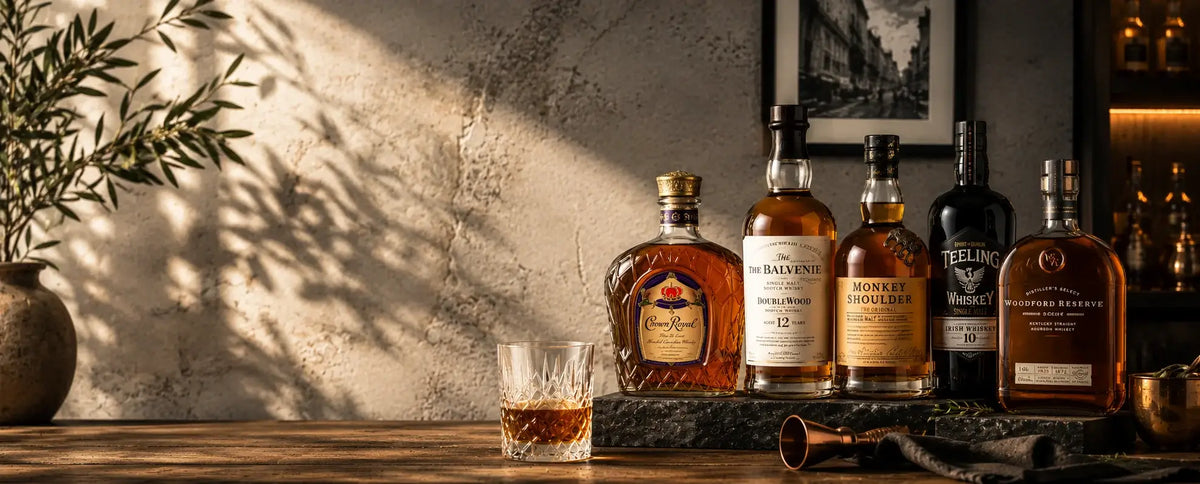 Row of premium whiskeys including Crown Royal, The Balvenie, Monkey Shoulder, Teeling and Woodford Reserve beside a glass of whiskey on a wooden bar